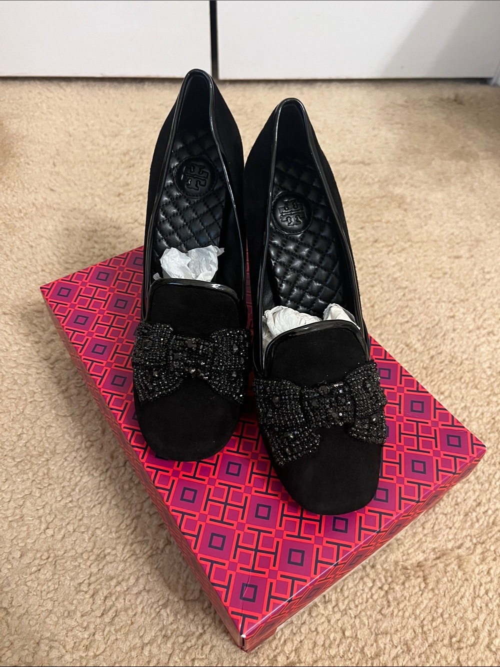 Tory Burch Black Beaded Bow Suede Heels